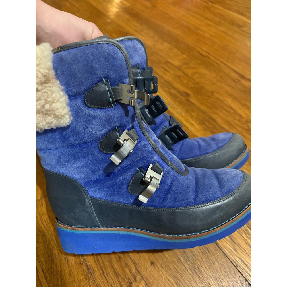 Cole Haan Nike Air Blue Suede Shearling Buckle Winter‎ Wedge Boots Womens